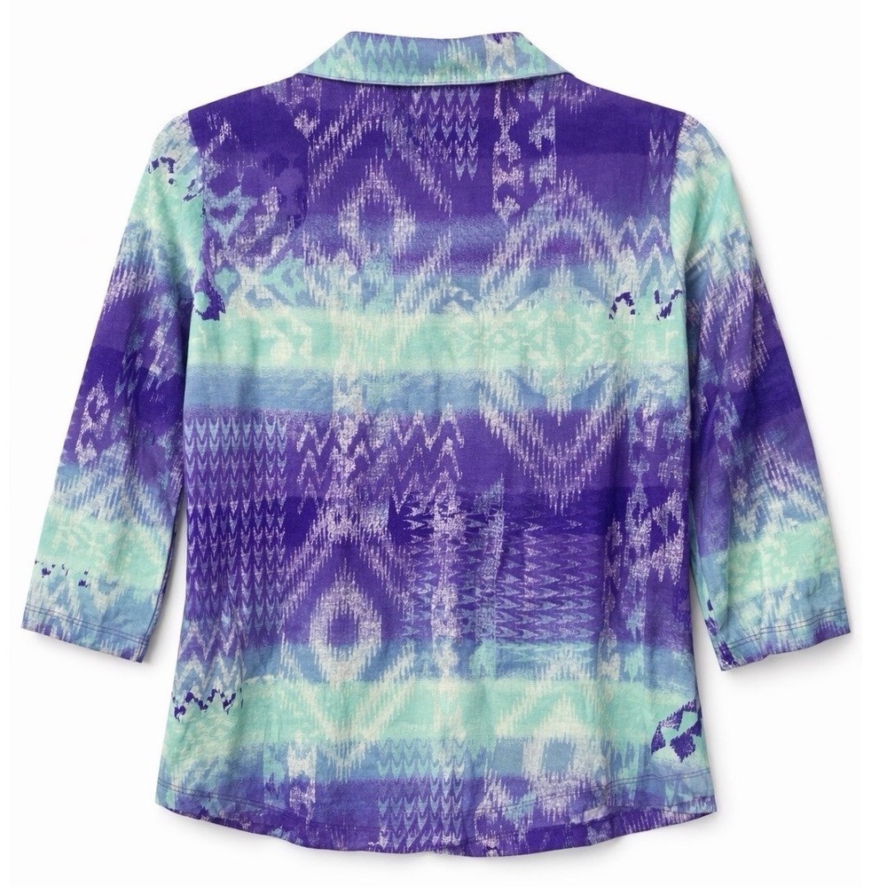 Weekends by Chicos Ikat Aztec Print rhinestone zip up lightweight jacket 0 XS/Sm - Picture 2 of 5